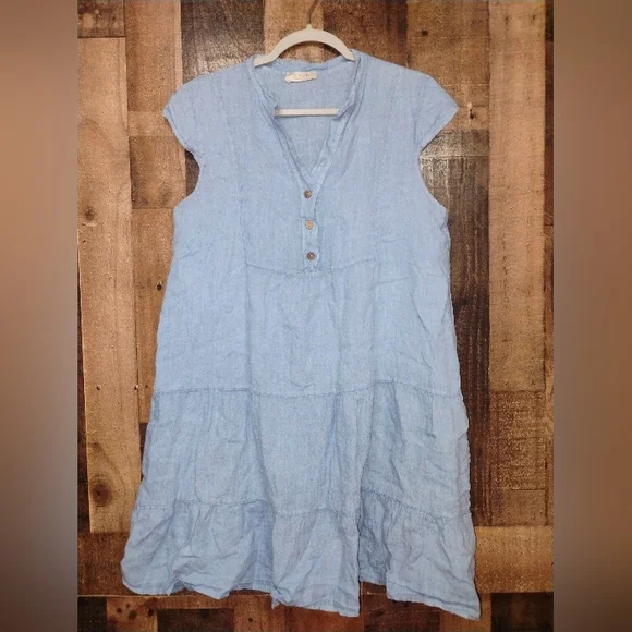 Bellambia 100% Linen Mini Dress Tiered Ruffle Dress Size Small - Picture 2 of 8
